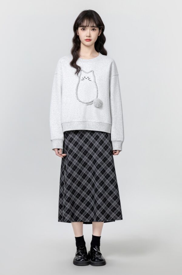 Gray Loose Cartoon Cat Pullover Sweater - Image 5