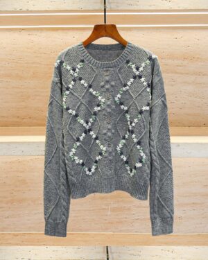 Grey Embroidered Flowers Knitted Sweater | Iroha - ILLIT