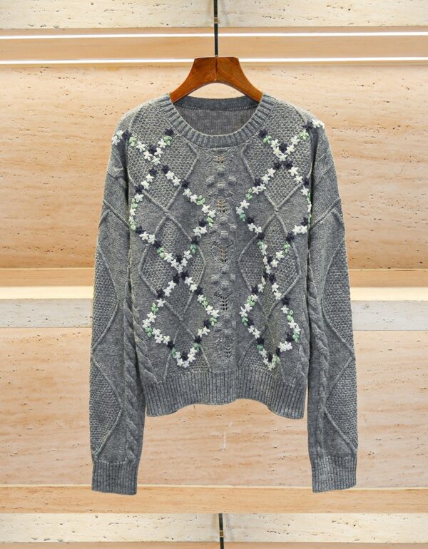 Grey Embroidered Flowers Knitted Sweater | Iroha - ILLIT