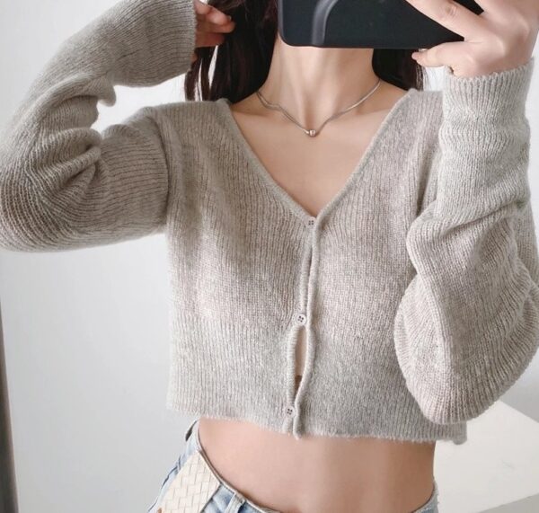 Grey Knitted Buttons Crop Cardigan | Lia - ITZY - Image 2