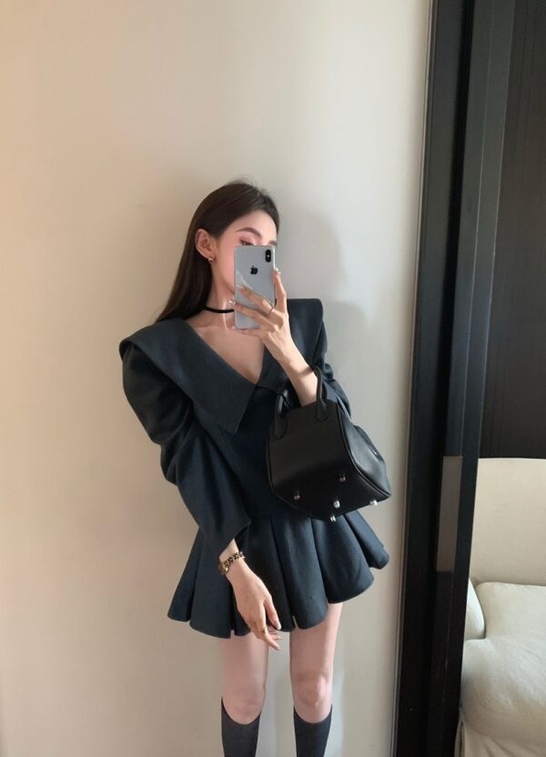 Grey Wide Collar Pleated Dress | Jennie - BlackPink - Image 8