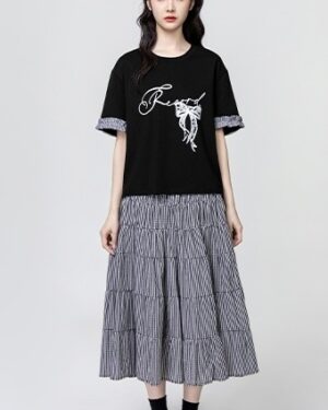 Plaid Patchwork Letter Short Sleeve Tee