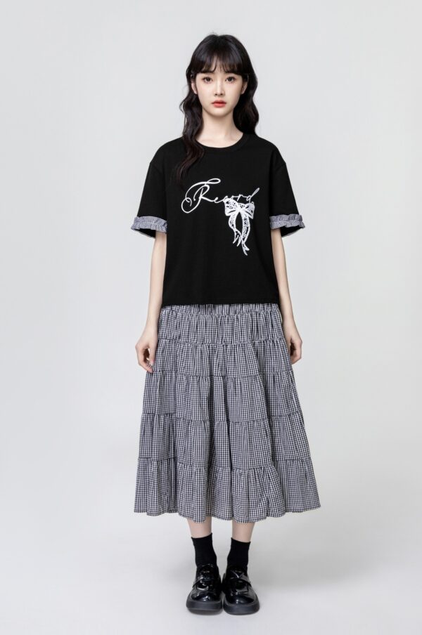 Plaid Patchwork Letter Short Sleeve Tee - Image 3