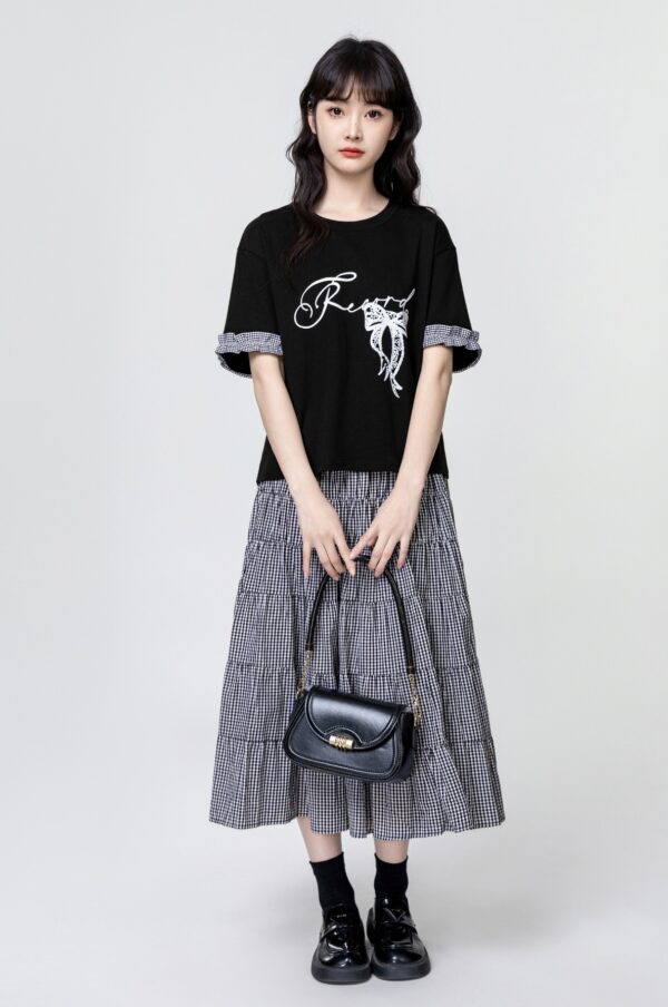 Plaid Patchwork Letter Short Sleeve Tee - Image 4