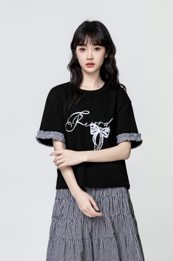 Plaid Patchwork Letter Short Sleeve Tee - Image 6