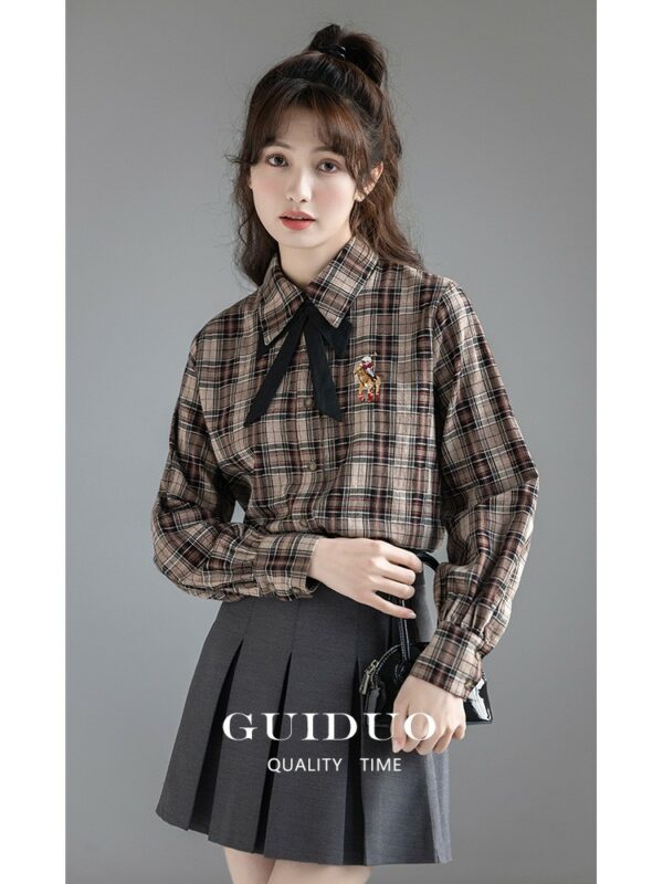 Plaid Vintage Bowknot Spring Blouse - Image 10