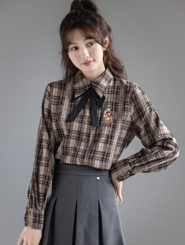 Plaid Vintage Bowknot Spring Blouse - Image 7