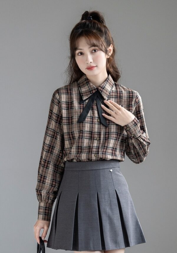 Plaid Vintage Bowknot Spring Blouse - Image 8