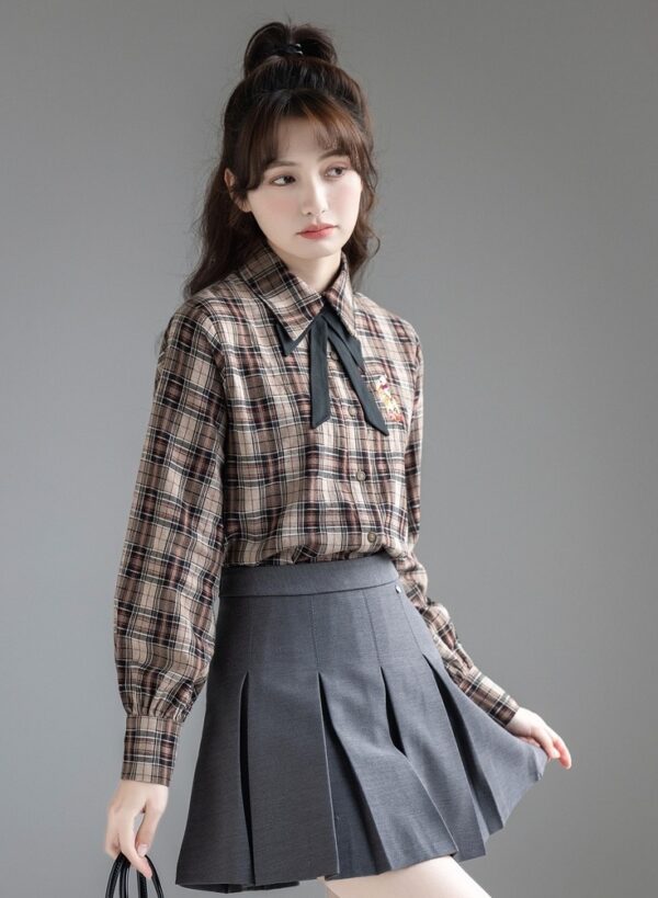 Plaid Vintage Bowknot Spring Blouse - Image 9