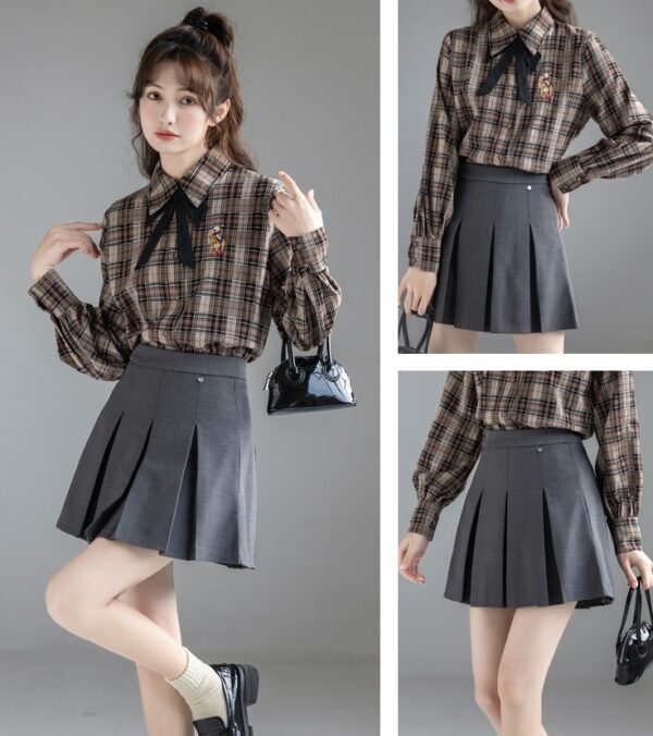 Plaid Vintage Bowknot Spring Blouse - Image 2