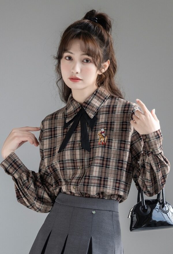 Plaid Vintage Bowknot Spring Blouse - Image 3