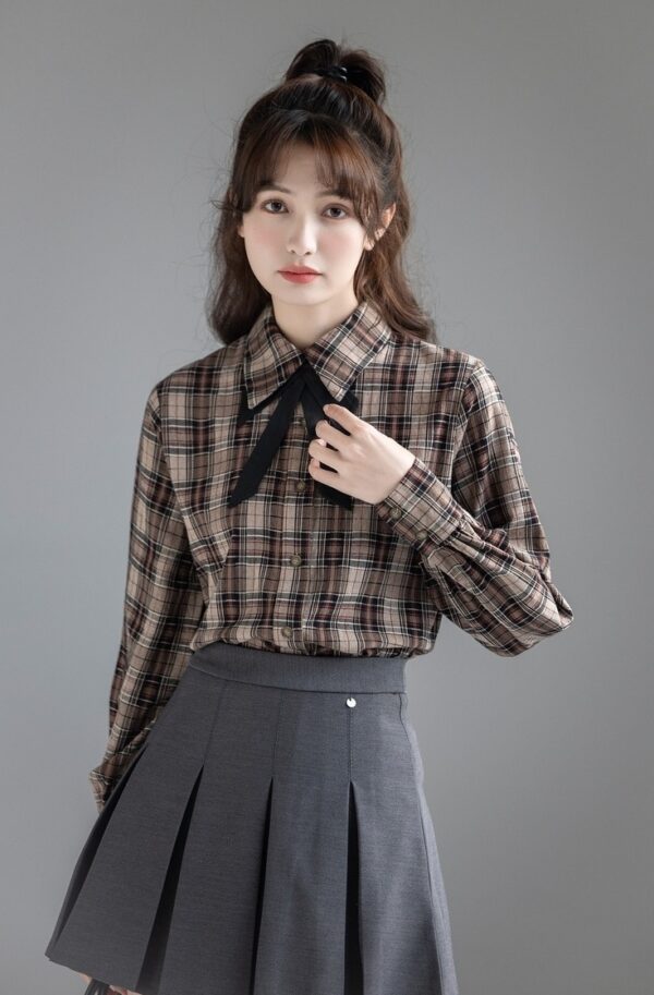 Plaid Vintage Bowknot Spring Blouse - Image 6