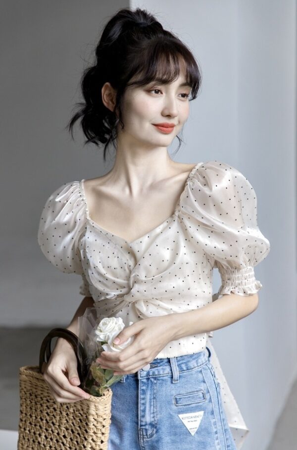 Polka Dot Puff Sleeve Blouse - Image 3