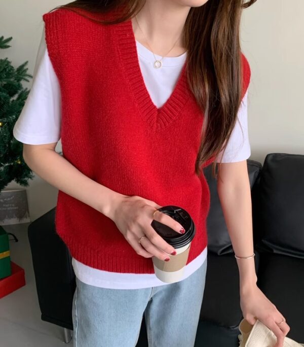 Red V-Neck Knitted Vest | Jisoo - BlackPink - Image 12