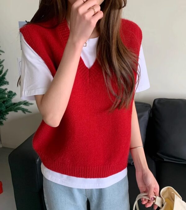 Red V-Neck Knitted Vest | Jisoo - BlackPink - Image 11