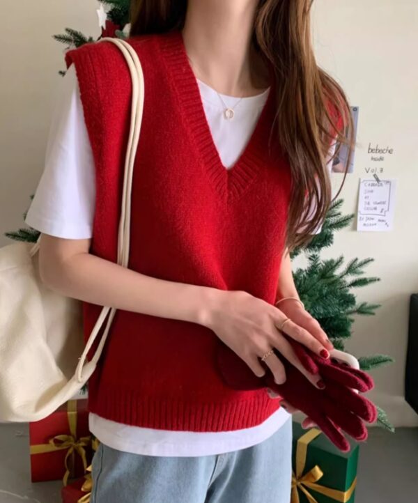 Red V-Neck Knitted Vest | Jisoo - BlackPink - Image 4