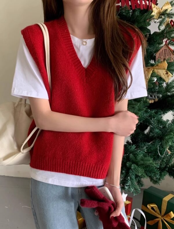 Red V-Neck Knitted Vest | Jisoo - BlackPink - Image 5