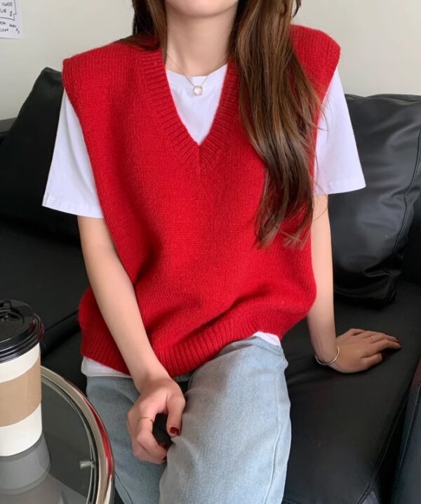 Red V-Neck Knitted Vest | Jisoo - BlackPink - Image 7