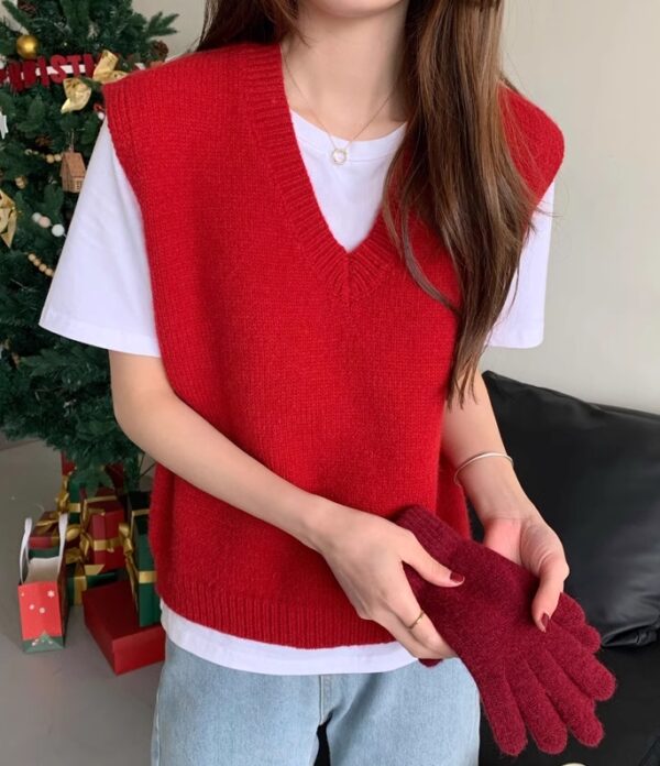 Red V-Neck Knitted Vest | Jisoo - BlackPink - Image 9