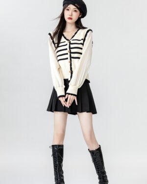 Striped Knit Cardigan With Vneck Design