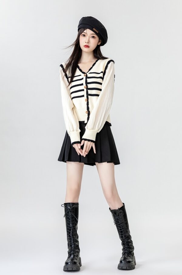 Striped Knit Cardigan With Vneck Design