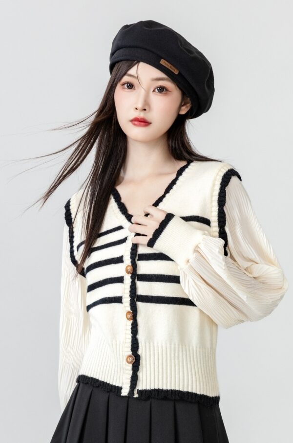 Striped Knit Cardigan With Vneck Design - Image 2