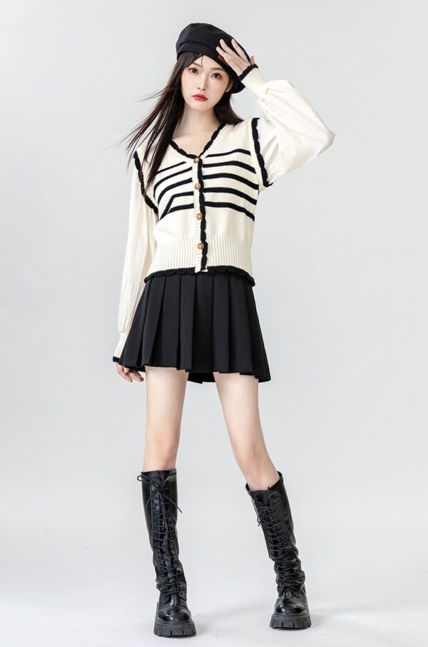 Striped Knit Cardigan With Vneck Design - Image 3