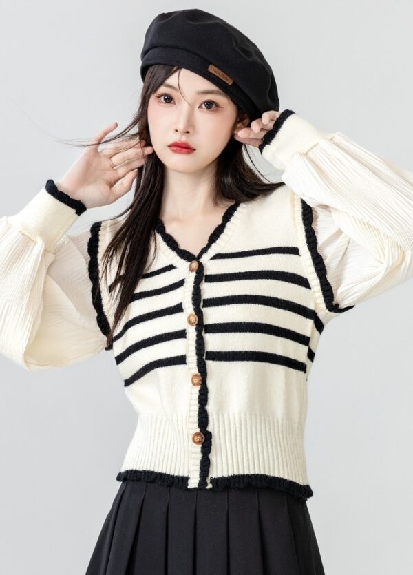 Striped Knit Cardigan With Vneck Design - Image 7