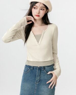 Stylish Vneck Layered Long Sleeve Tee