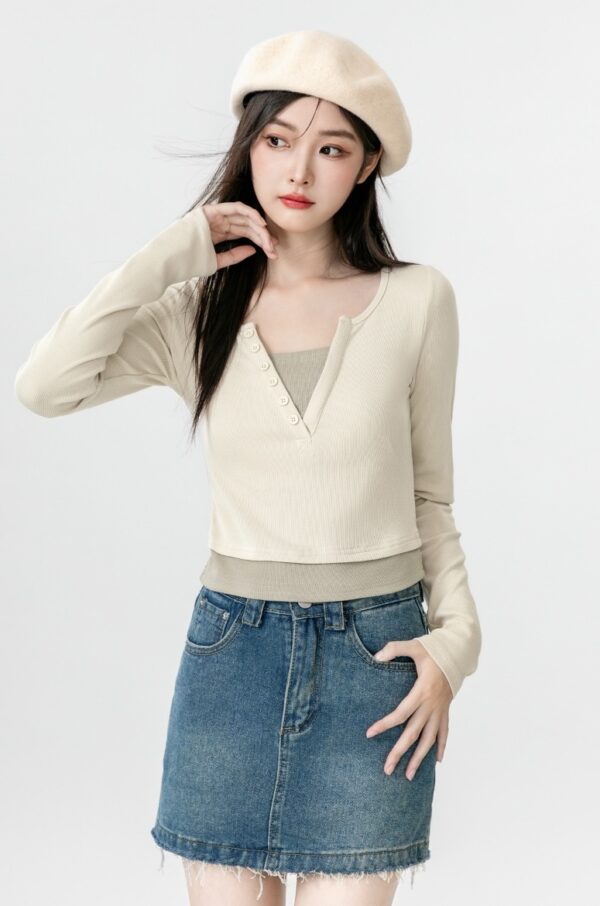 Stylish Vneck Layered Long Sleeve Tee