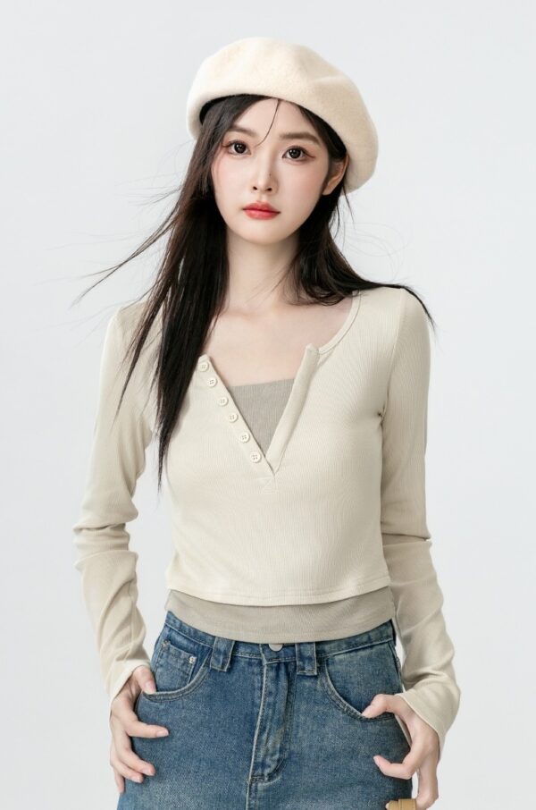 Stylish Vneck Layered Long Sleeve Tee - Image 11