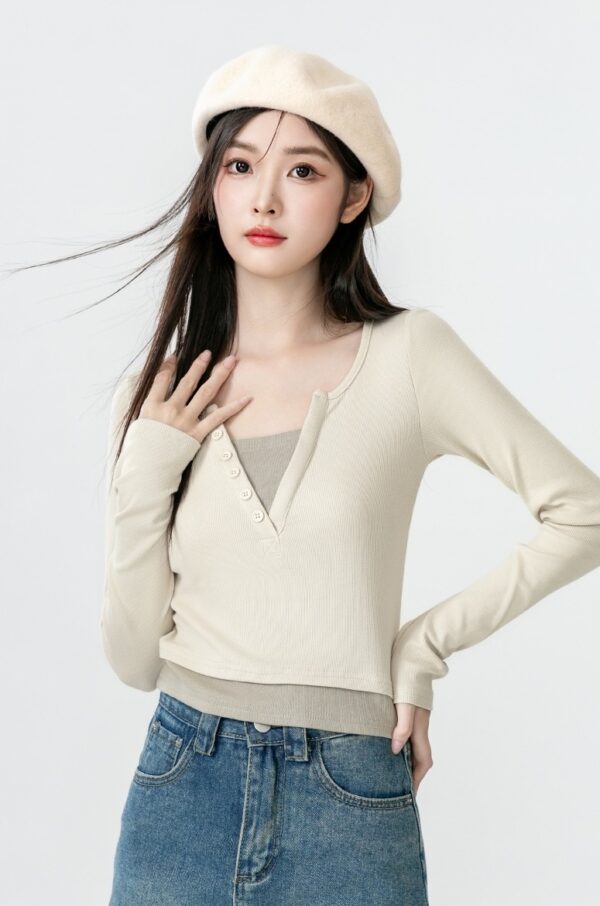 Stylish Vneck Layered Long Sleeve Tee - Image 3