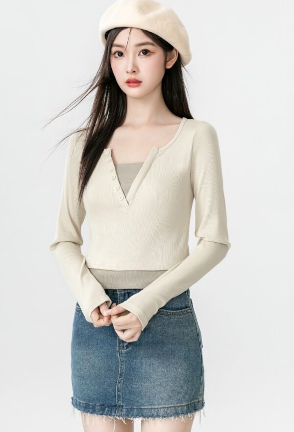 Stylish Vneck Layered Long Sleeve Tee - Image 5