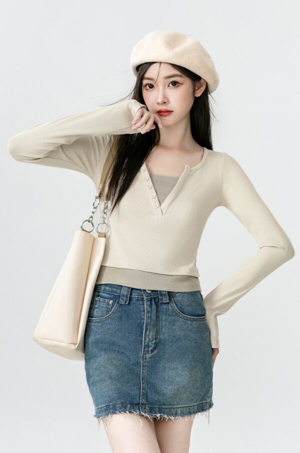 Stylish Vneck Layered Long Sleeve Tee - Image 6