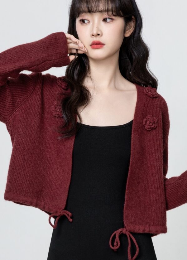 Vintage Burgundy Floral Knit Cardigan - Image 2