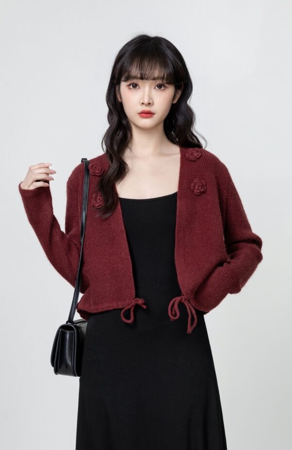 Vintage Burgundy Floral Knit Cardigan - Image 3