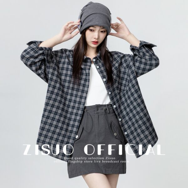 Vintage Plaid Loose Long Sleeve Shirt - Image 10