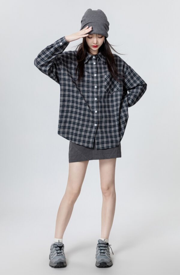 Vintage Plaid Loose Long Sleeve Shirt - Image 7