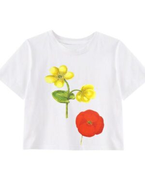 White Flower Print Crop T-Shirt | Moka - ILLIT