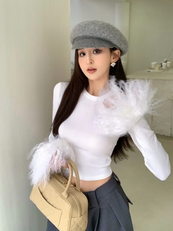 White Fuzzy Cuff Slim Fit Top | Ryujin - ITZY - Image 2