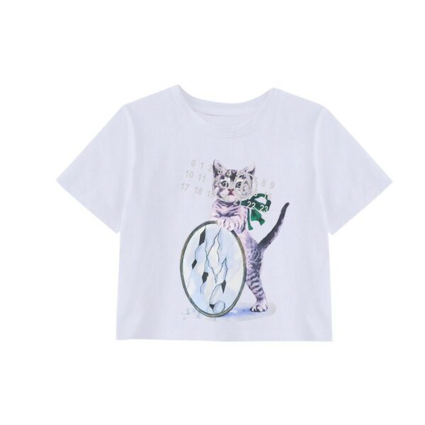 White Kitten Print Crop T-Shirt | Wonhee - ILLIT