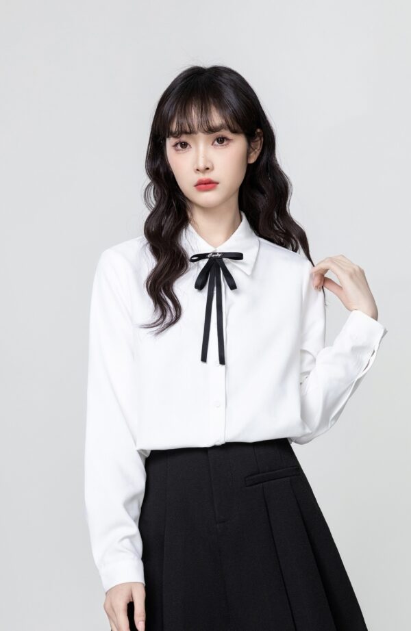 White Long Sleeve Tie Collar Shirt - Image 4