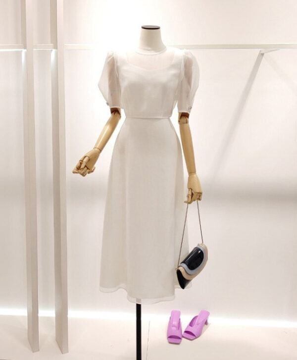 White Puff Sleeves A-Line Dress | Chae Yong Ju - Brewing Love